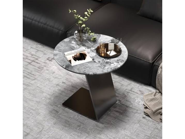 Moderner runder Couchtisch, minimalistische Steinoptik-Platte Wohnzimmer Steinoptik Oberfläche, 304 Stahlrahmen, stabil gebaut, leichte Montage für Wohnräume(B(Marble),19.7in)
