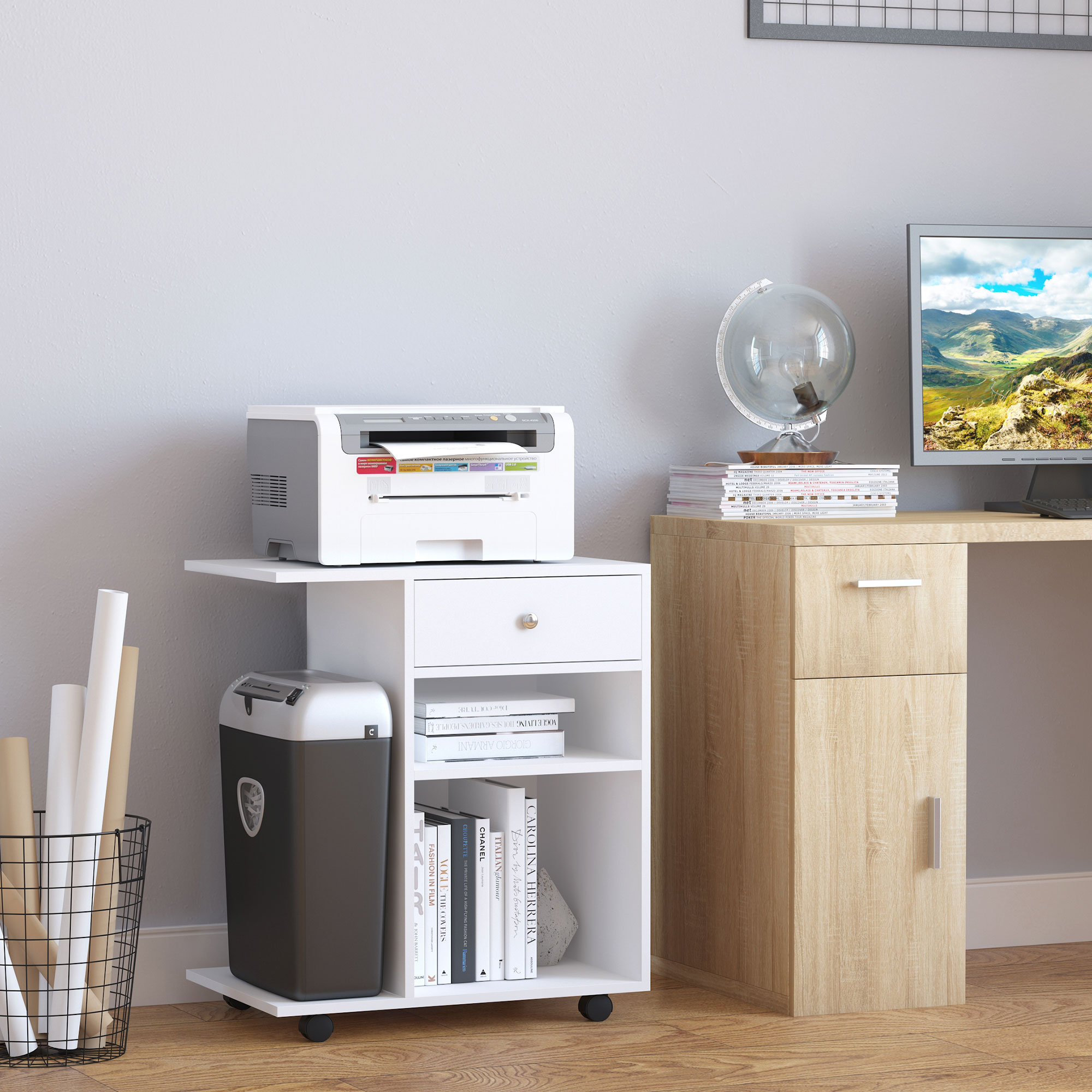 Vinsetto Mobiletto per Stampante in Legno con 4 Ruote, Mensola Regolabile e Piano per CPU, Bianco
