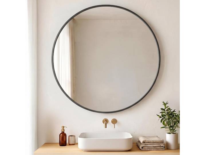 Grand miroir mural rond de salle de bain avec cadre en métal noir 80 cm