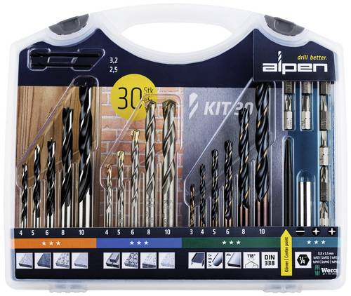 Alpen 800230100 30teilig Bohrer- und Bit-Sortiment Metall, Stein, Beton, Mauerwerk, Ziegel, Holz 3 mm, 4 mm, 5 mm, 6 mm, 8 mm