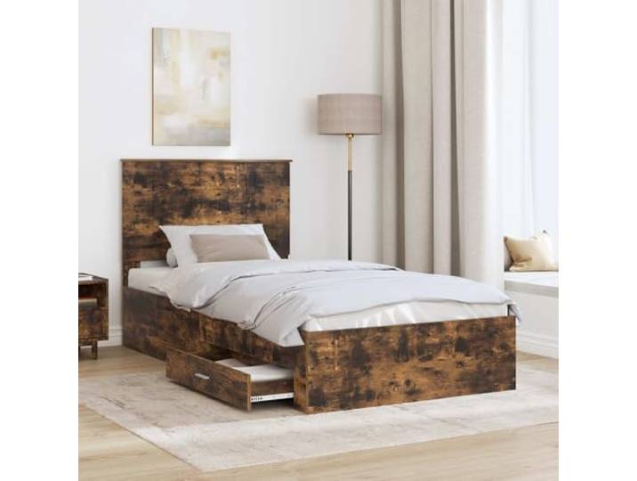 KTHLBRH Bettgestell Eiche Rauchgrau 100 x 200 cm Mehrschichtiges Holz, integrierter Behälter, minimalistisches Design, Doppelzimmer