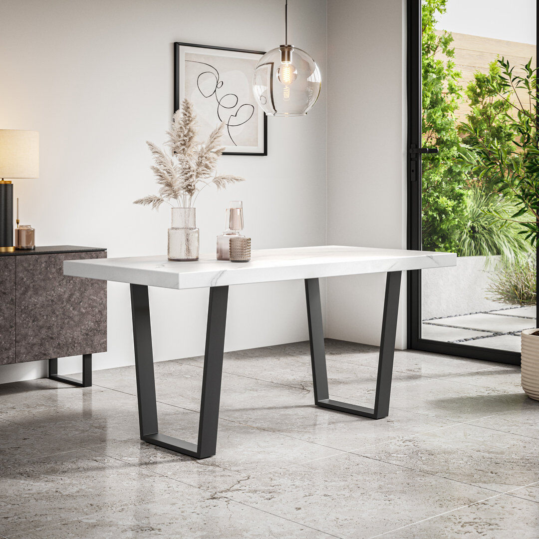 Metro Dayatra Dining Table Modern Marble Effect Table Top w Black Legs White