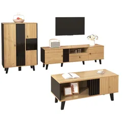 Sideboard 140x78x41 Schwarz Holz mit 3 Türen LED Beleuchtung Stauraum verstellbare Regale wasserfeste Oberfläche Design Möbel Wohnzimmer