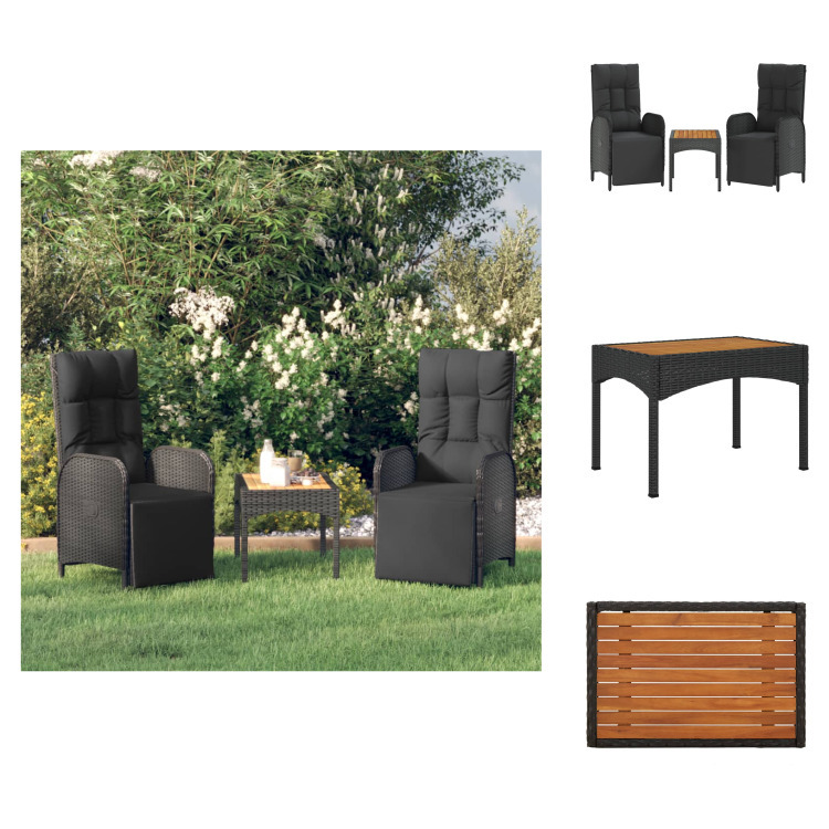 vidaXL Garten-Relaxstühle 2 Stk. mit Tisch Schwarz Poly Rattan - Gartenstühle