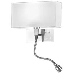 Wandleuchte Perenz Serie 10S45882, gebürstetes Chrommetall, weißer Stoffschirm, E14-Leuchtmittel und LED, rechts montierbar, modernes Design