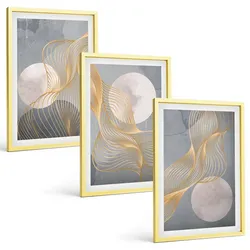 BILDER SET 3er Set - 40x60 cm Goldrahmen - Abstrakte Muster Wellen Kreise