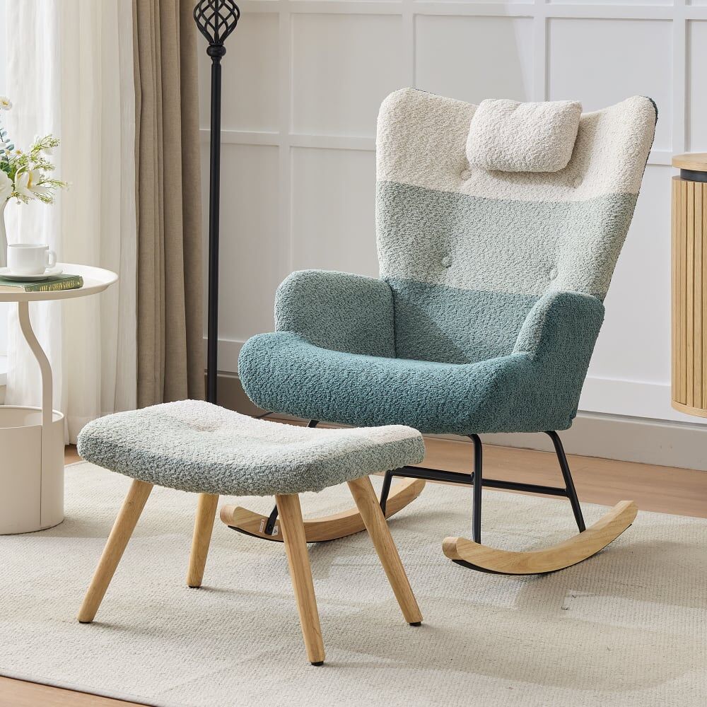 Urban Meuble Fauteuil à bascule tissu bouclette patchwork coloré à rayure Bleu 83x95x66cm