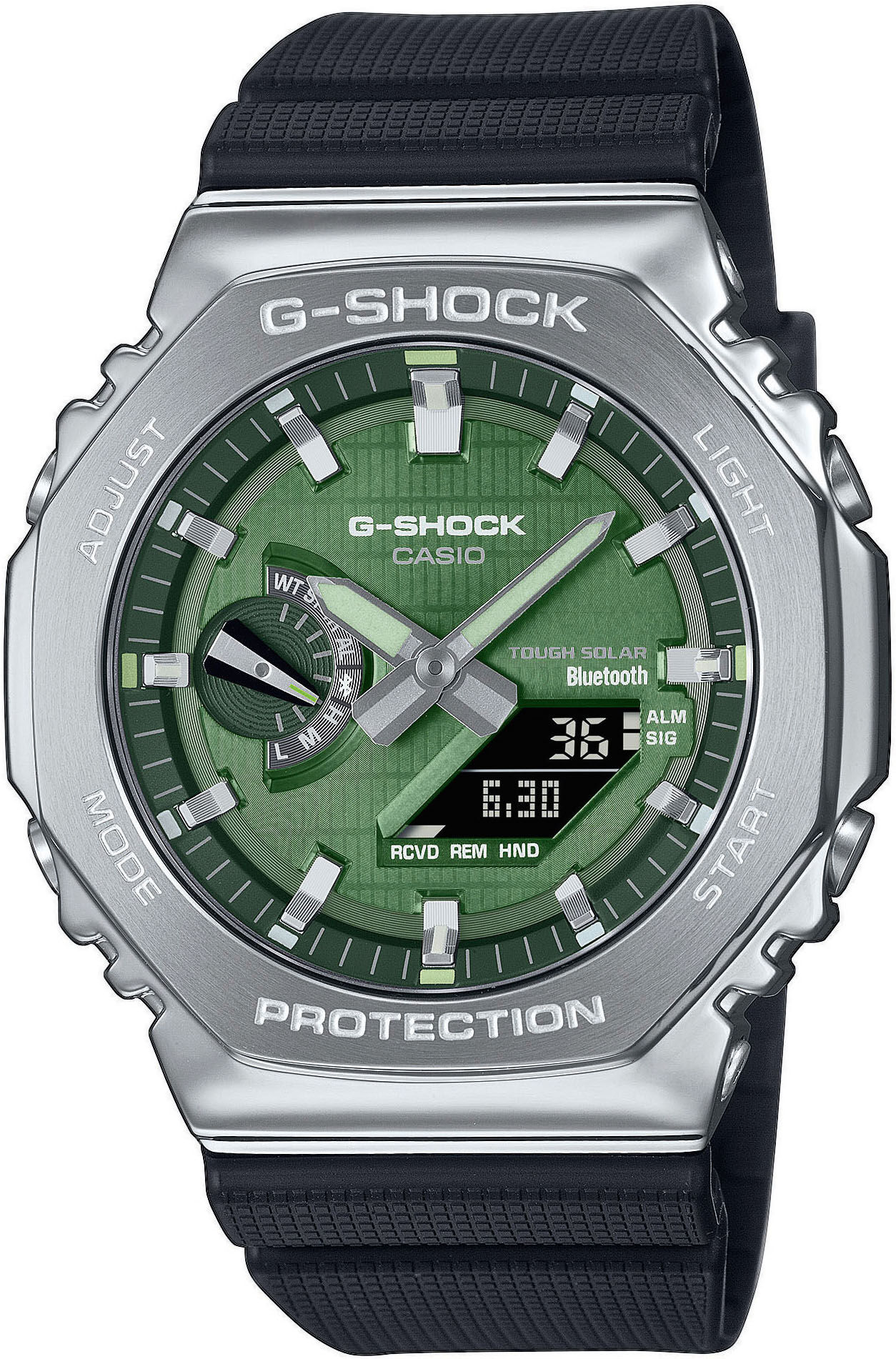 Smartwatch CASIO G-SHOCK "GBM-2100A", schwarz (schwarz, grün, schwarz, grün), Smartwatches, Herren, Smartwatch, Armbanduhr, Herrenuhr, Bluetooth, Resinarmband,Weltzeit, Phone Finder
