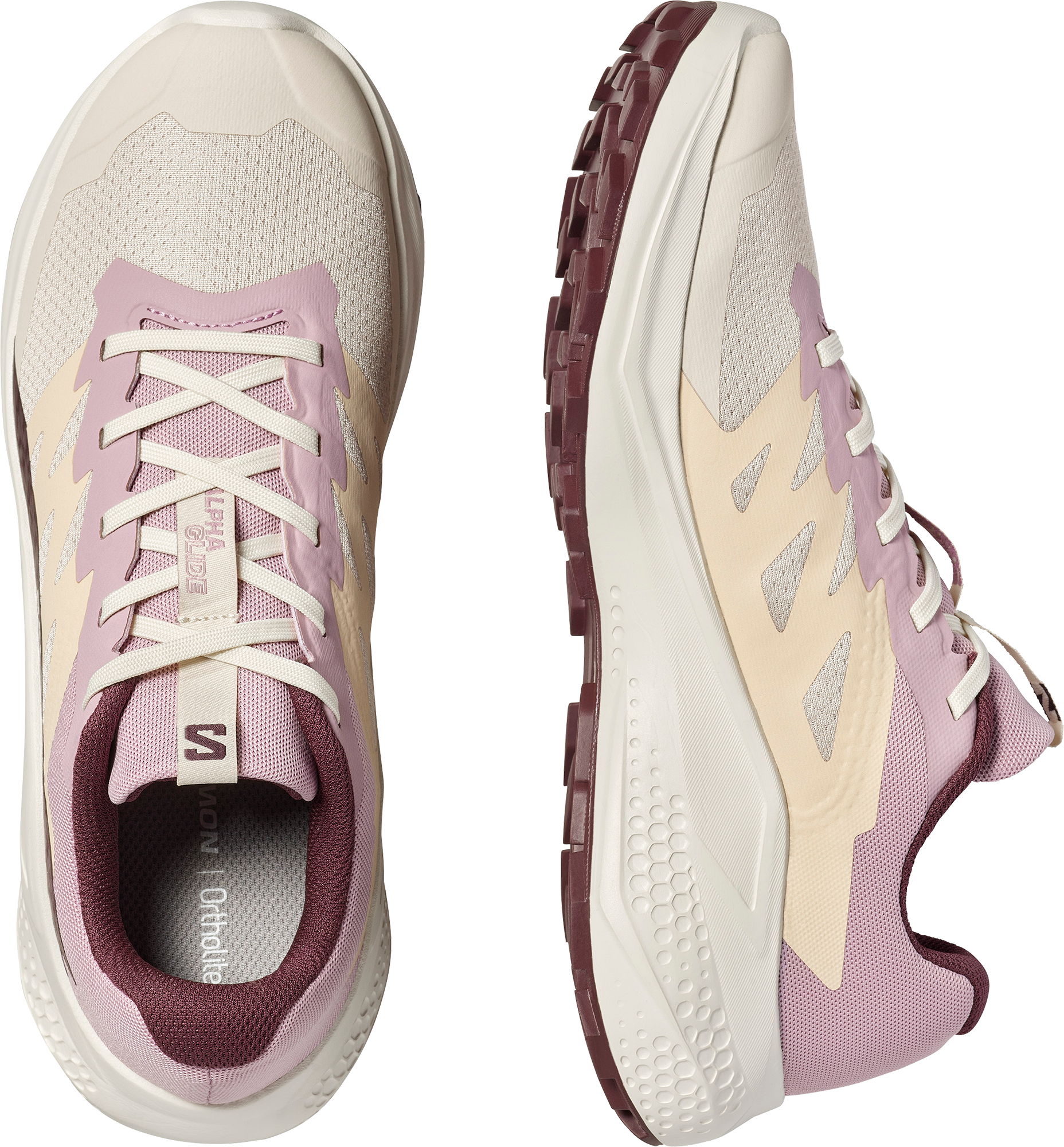Trailrunningschuh SALOMON "ALPHAGLIDE", Damen, Gr. 42,5, rosa (tapioca, dawn pink, huckleberry), Synthetik, Textil, Schuhe Trailrunningschuh, für mehr Grip tapioca, dawn pink, huckleberry 42,5