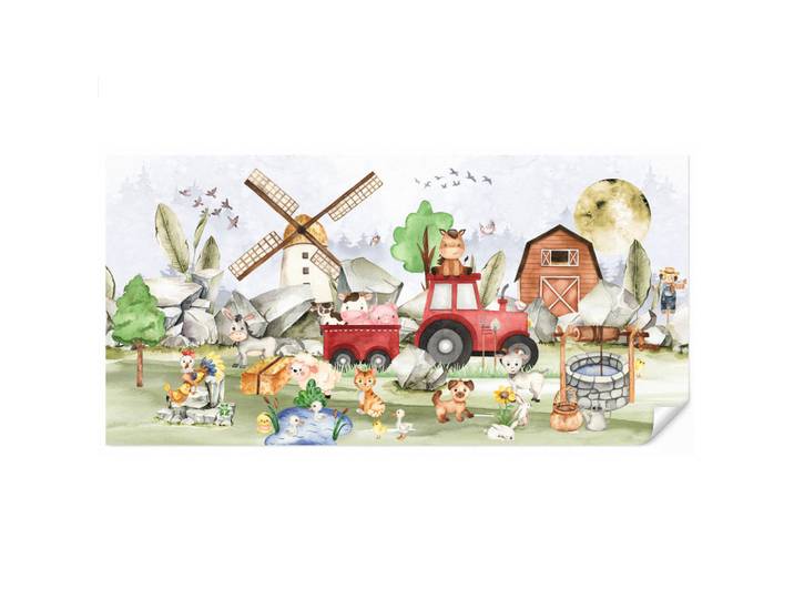 OnlyWow Kindertapete - Bauernhof - Traktor - Kinder - Tiere - 500x260 cm, Weiß, Papier, Rechteckig, 500x260 cm, Tapeten & Wandverkleidungen, Vliestapeten