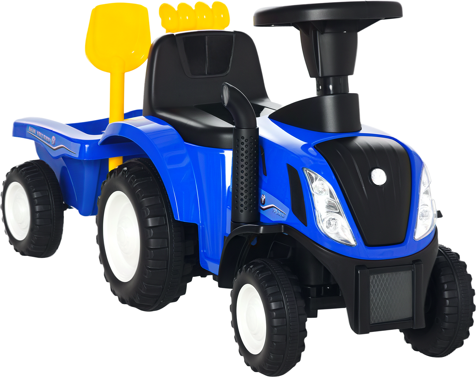 Altro Trattore Per Bambini Cavalcabile Con Rimorchio, Rastrello E Pala, Gioco Educativo Per Bimbi 12-36 Mesi, 91x29x44cm, Blu
