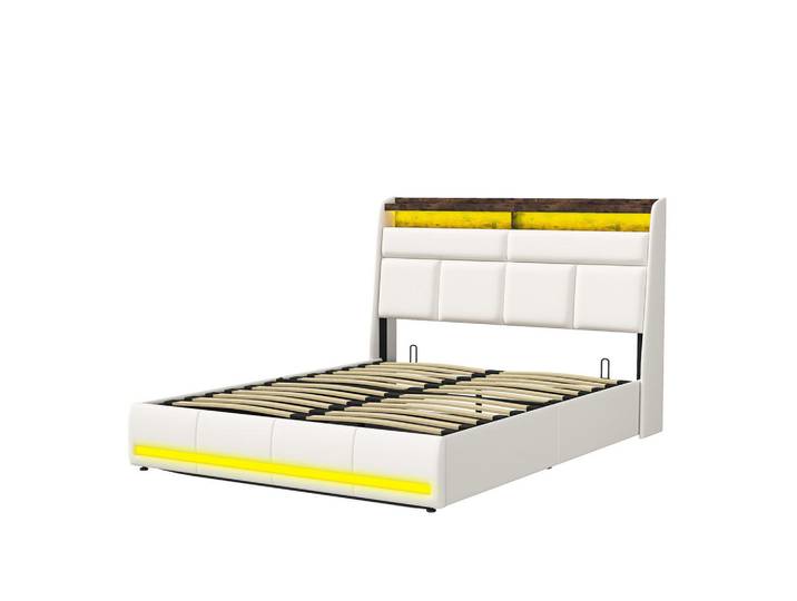 Polsterbett 160x200 cm, Weiß, Doppelbett mit LED-Beleuchtung, Mode, 160x200 cm, Schlafzimmer, Betten, Polsterbetten