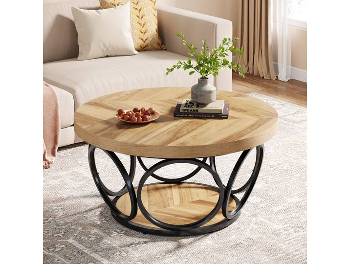 Tribesigns Table basse ronde, table centrale ronde en bois de 80 cm, tables basses grand cercle de ferme avec rangement à 2 niveaux