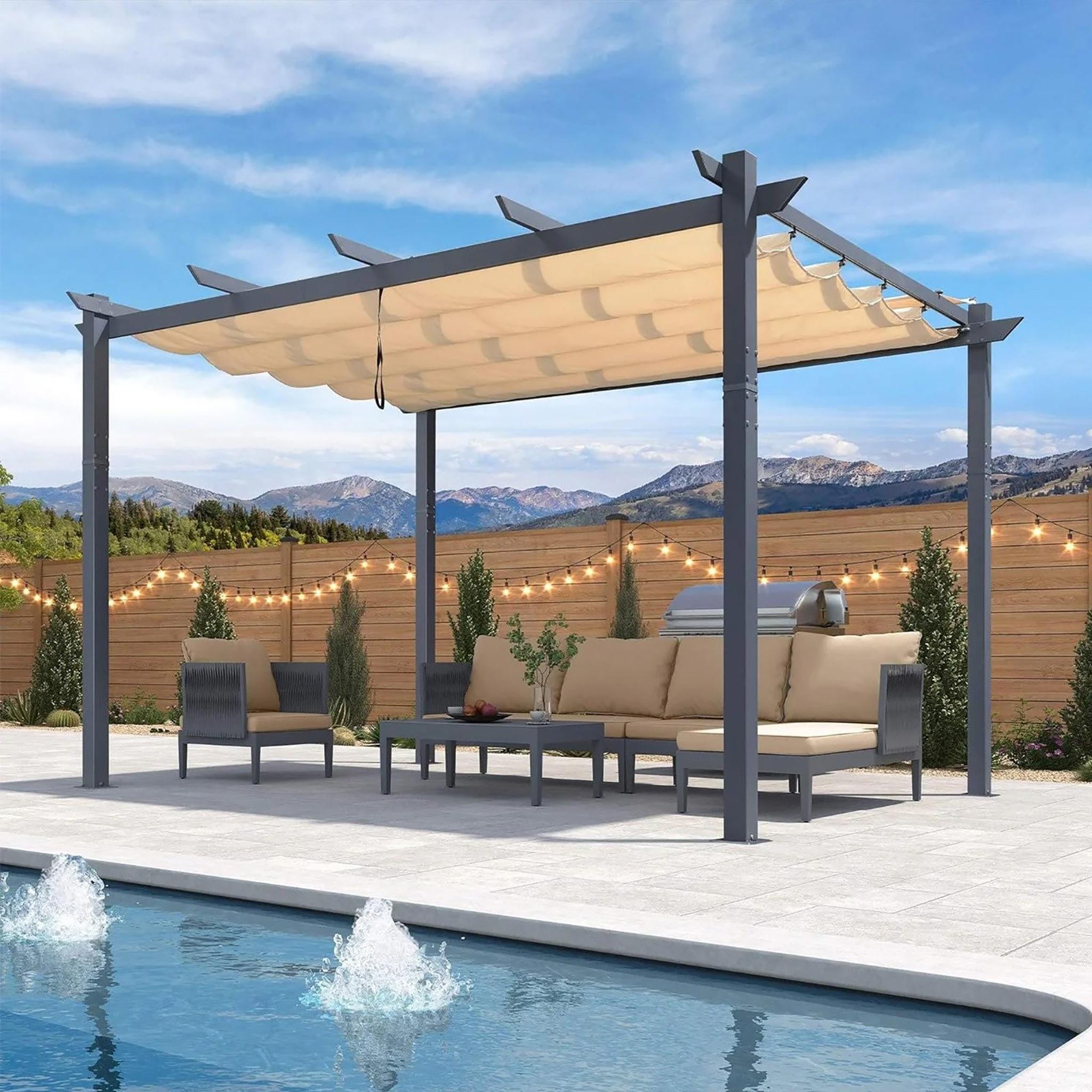 PURPLE LEAF Pergola 3x4 m stabil, Alu Garten Pavillon mit Schiebedach, Terrassenüberdachung Dunkelgrau Rahmen mit Sonnenschutz Überdachung, Beige