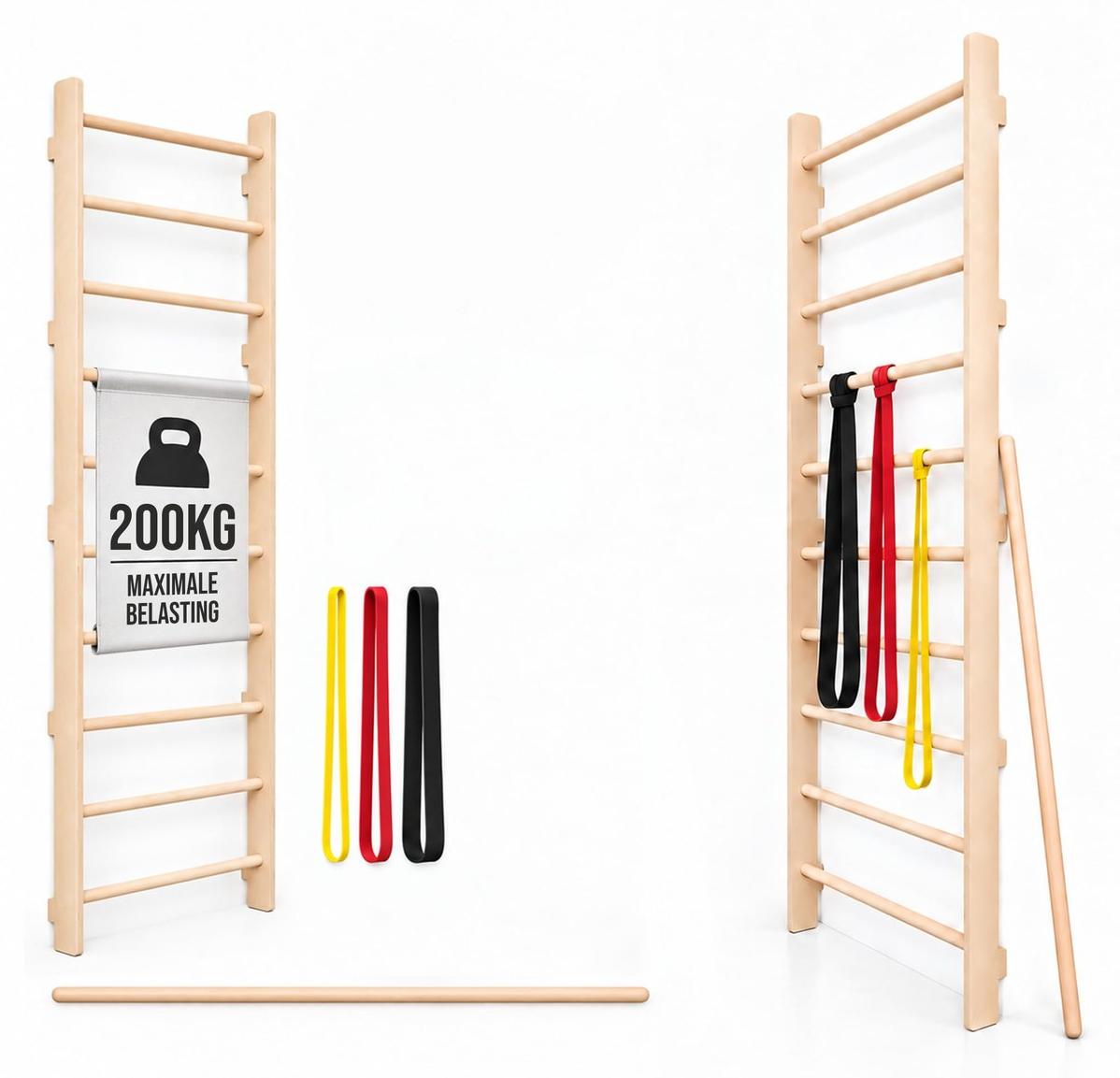 Wandtrainingsrack Fitnessrack Krafttrainingsrack - Holz - Widerstandsbänder und Stretchstab - Für Krafttraining zu Hause