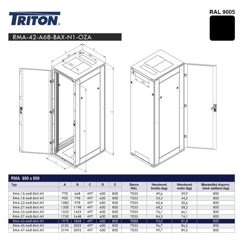 Triton Rack cabinet 42U 600x800 black, rear cover mesh 80% (42 HE, 19 Zoll Rack) (502711079345)