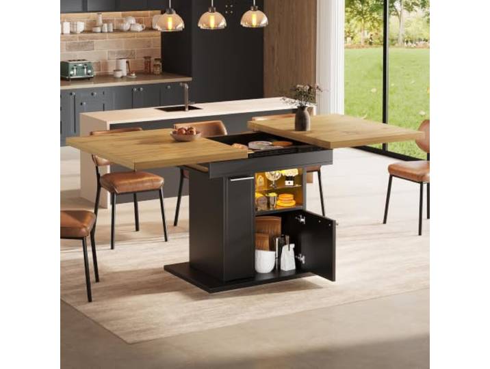Aunvla Ausziehbarer Esstisch mit Stauraum und Farblichtsystem, für kleine Räume, platzsparend, modernes Design mit Glasablagen, für Familienessen und Feiern, ausziehbar für 4-6 Personen