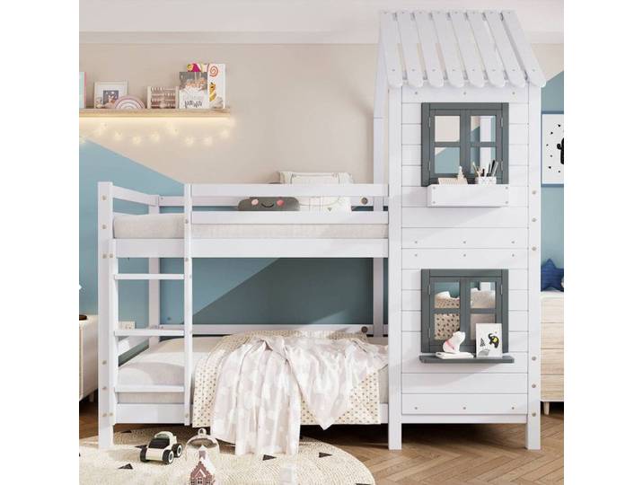 Lit Superposé Cabane Enfant 90x200 Bois Pin Blanc avec Barrière et Fenêtre-Norevia