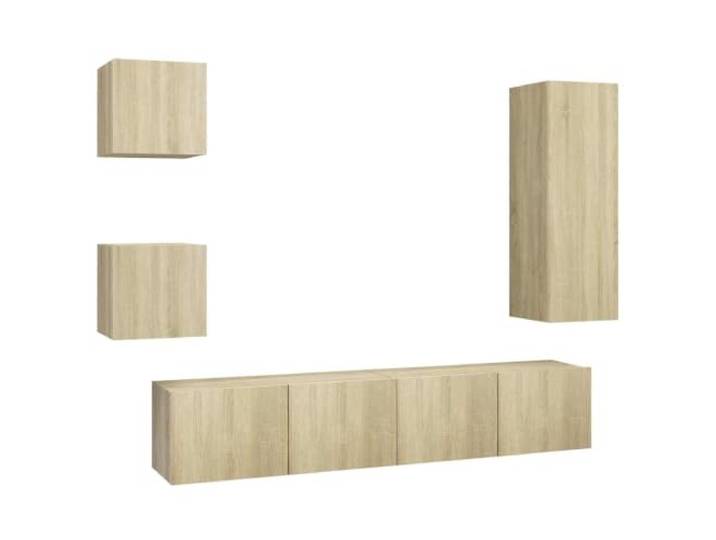 hliofuir 5-tlg. TV-Schrank-Set Wandmontage Sonoma-Eiche Holzwerkstoff Modulare Wandelemente fuer Wohnzimmer und Gaestezimmer bieten flexible Ablageflaeche und halten den Boden frei.