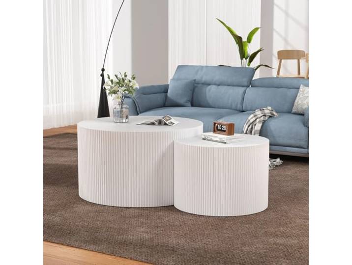FeiZhiYanS Geriffelte runde Beistelltische, 2er-Set, minimalistisches Mid-Century-Design, runde Beistelltische aus Holz, für Wohnzimmer, Schlafzimmer, kleine Räume,Al