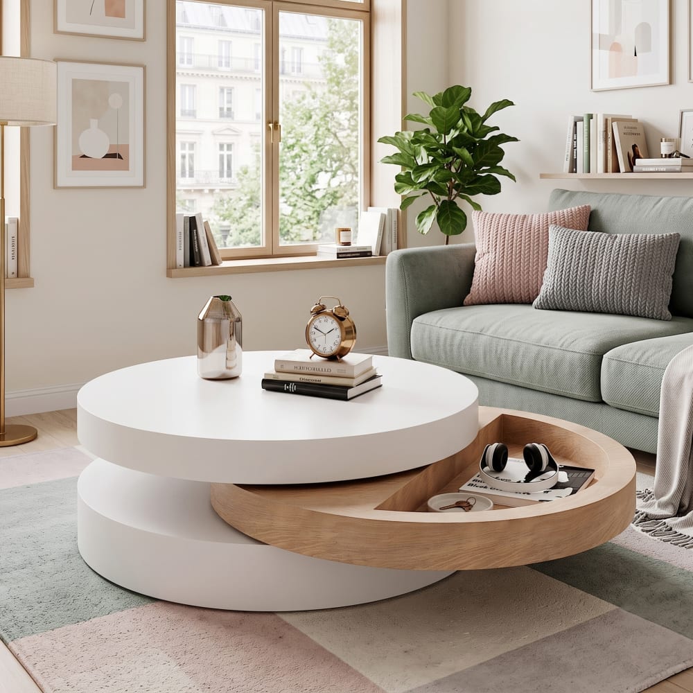 Urban Meuble Table basse cylindrique plateau rotatif 360°, blanc & effet bois Blanc 60x35x60cm