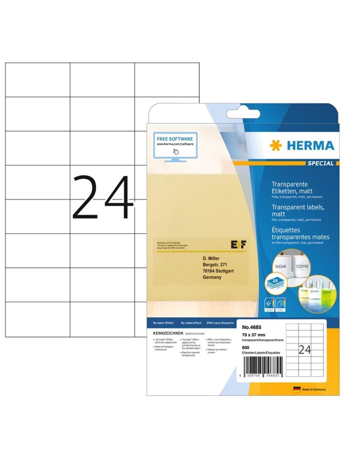 HERMA Transparente Folien-Etiketten, matt, A4, 70 x 37 mm, wetterfest, permanent haftend