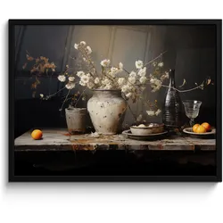 POSTER MIT RAHMEN Stilleben - Blumen - Blumenstrauß - Vase - Wein 80x60 cm