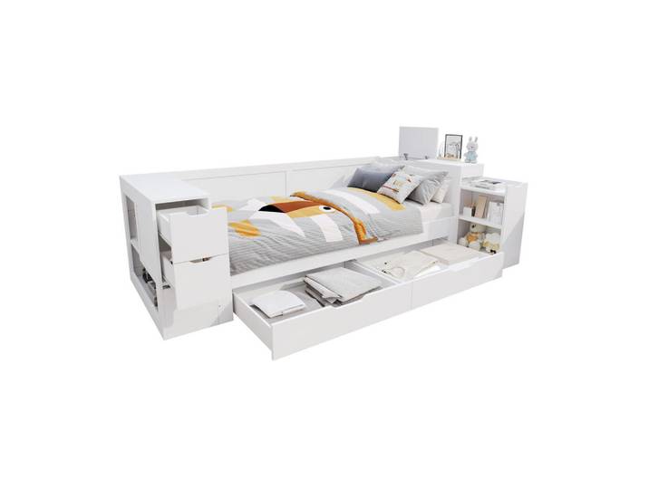 Modfu Kindereinzelbetten aus MDF 90x200 cm in Weiß mit Schublade & Nachttisch, 90x200 cm, Babymöbel & Kindermöbel, Kinderzimmer & Jugendzimmer, Kinderbetten