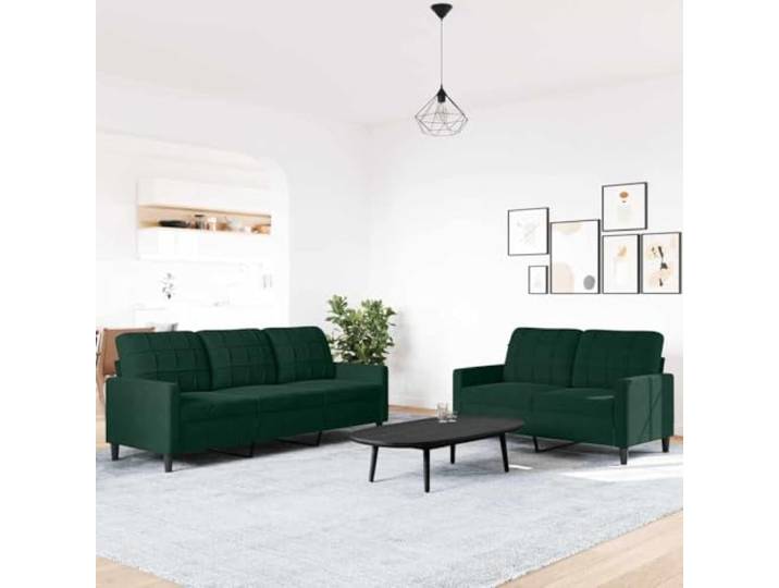 KTHLBRH 2-teiliges Sofaset aus dunkelgrünem Samt mit Kissen 2-Sitzer und 3-Sitzer, Rahmen aus Metall, Polsterung aus Schaumstoff, weich und bequem