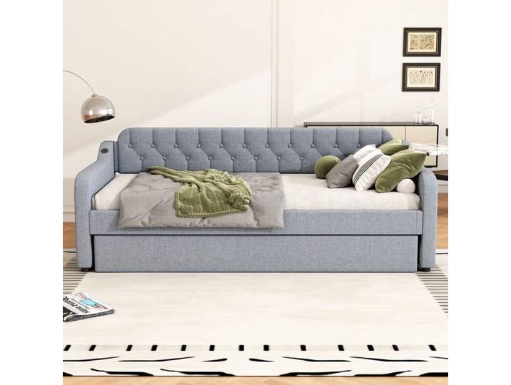 Lit canapé 90x200cm gris avec lit gigogne et ports USB