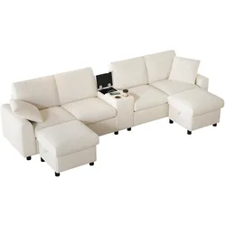 OKWISH U Sofa Cord 315x135x81 mit2HockernUSB TypeC Steckdosen Stauraum Sitzkomfort modernesWohnzimmer LForm Modular Beige