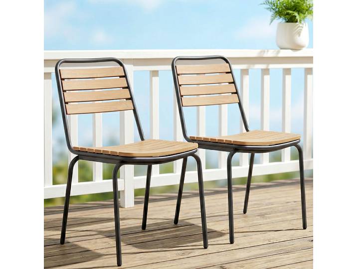 Outsunny Lot 2 Chaises Jardin Acier Bois Empilables Dossier 160kg