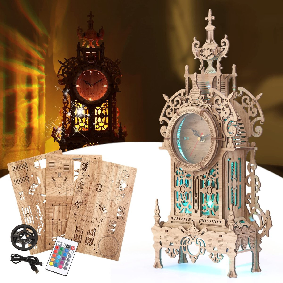 Omgoods 3D Houten Puzzel LED Wandklok DIY Architectuur Model voor volwassenen