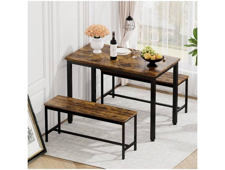 Ensemble table et bancs 4 personnes table de cuisine gain de place avec 2 bancs style industriel ORVRYN