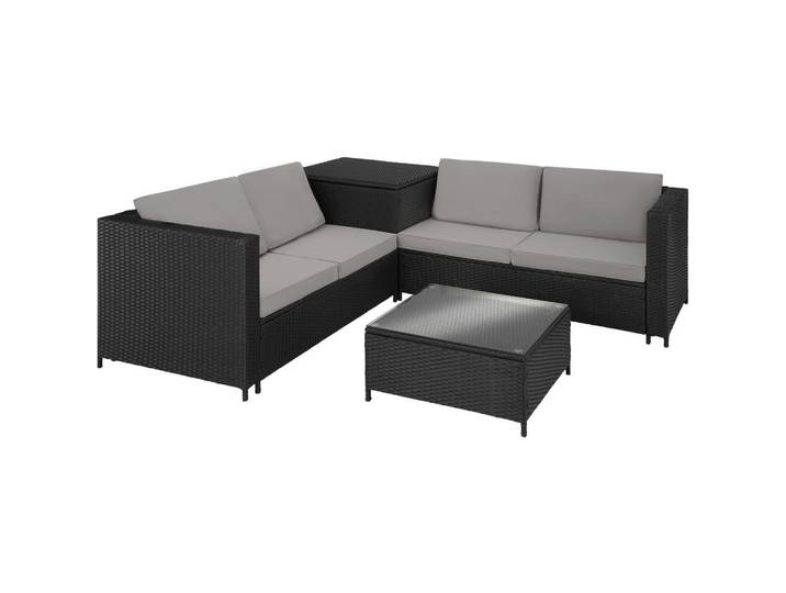 tectake Rattanlounge Siena, mit Sicherheitsglasplatte, schwarz/grau, Schwarz, Grau, Kunststoff, Organisch, Gartenmöbel, Gartengarnituren, Gartenmöbel-Sets