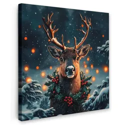 LEINWANDBILD Hirsch - Weihnachten - Winter - Schnee - Weihnachtskranz Deko Groß 90x90 cm