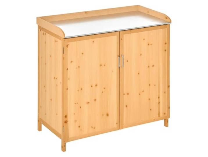 Outsunny Gartenschrank auf Ständer Umtopftisch 2 in 1 - Gartentisch Doppeltür, Regal, Tischplatte verzinktes Stahlblech - Pflanztisch vorgeöltes Zedernholz