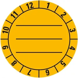Aufkleber I Prüfplakette mit Monatskranz, zum Beschriften, gelb, Dokumentenfolie, Ø40mm, 10/Bogen