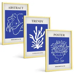 BILDER SET 3er Set - 40x60 cm Goldrahmen - Stilvolle blaue Poster