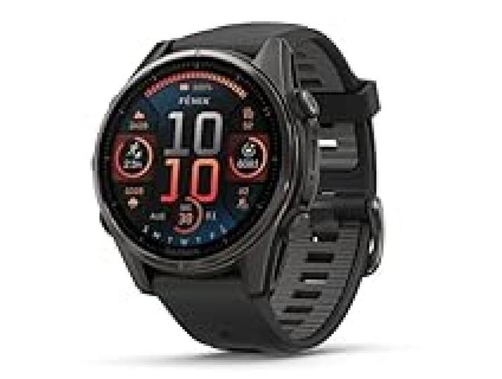 Garmin Fenix 8–43 mm, AMOLED, Gris Carbone Saphir DLC Titane avec Noir/Gris Galets en Silicone