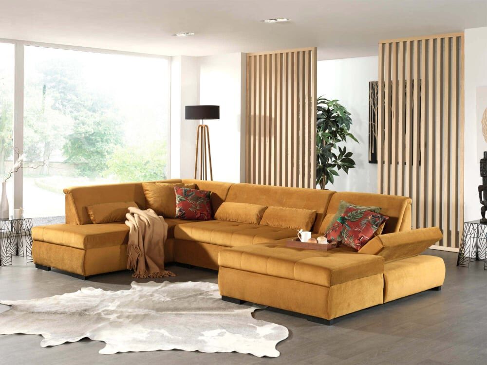 Best Mobilier Canapé panoramique 7 places angle gauche en velours jaune Jaune 335x77x197cm