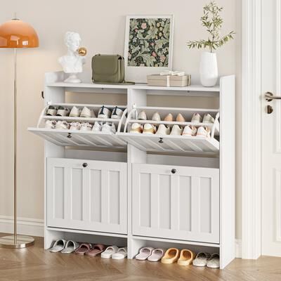 Gizoon Shoe Cabinet with Flip Drawers, Slim Shoe Storage Cabinet for Entryway, Freestanding Narrow Rack with Open Storage
