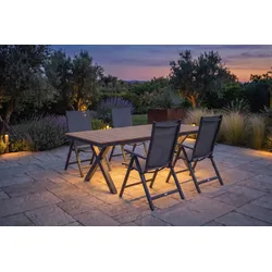 OUTFLEXX Luminara Garten-Essgruppe mit LED-Beleuchtung, anthrazit matt/natur, Aluminium / Holzimitat, 240 x 100 cm, 4 Klappstühle
