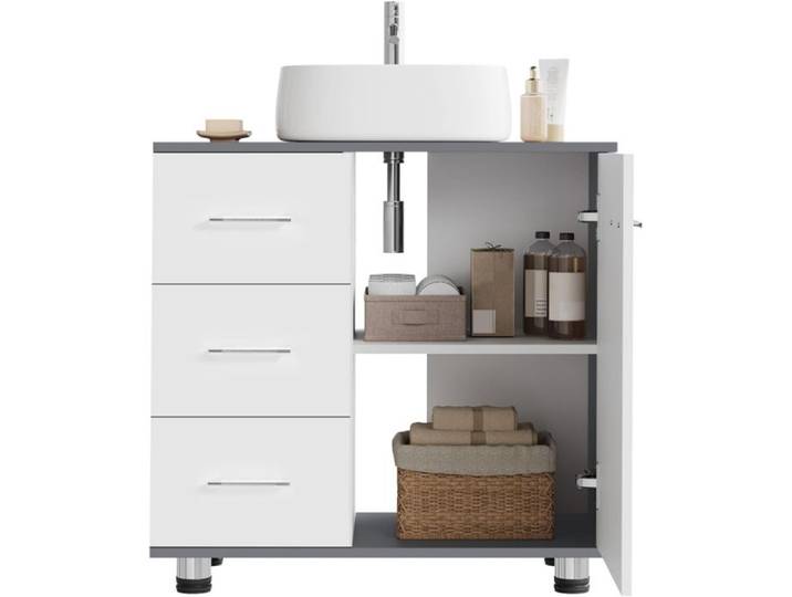 Meuble sous Lavabo EUGAD - 60x30x60cm - 3 Tiroirs 2 Compartiments - Bois d'Ingénierie - Blanc+Gris