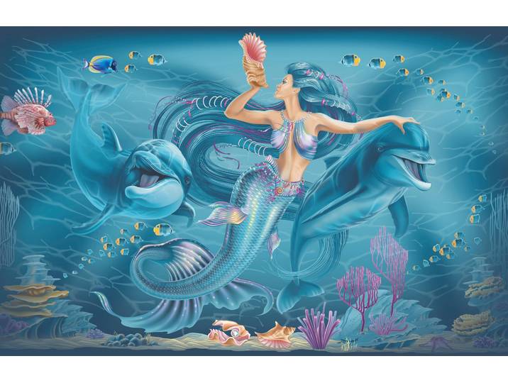 Fototapete PAPERMOON MEERJUNGFRAU-ABSTRAKT DESIGN DELFINE FISCHE OZEAN SEE , bunt, B:5m L:2,8m, Vlies, Tapeten, Fototapete