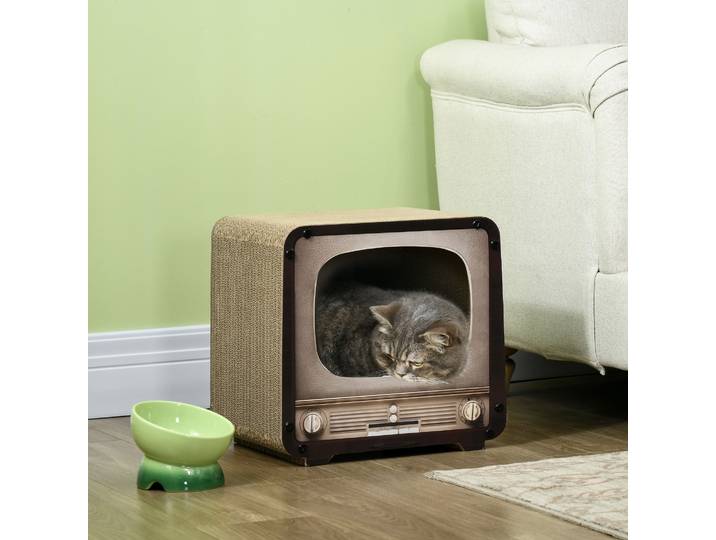 PawHut Griffoir Chat TV Carton Ondulé 39x29x37cm Marron