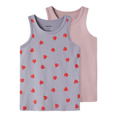 Unterhemd NAME IT "NMFTANK TOP 2P LAVENDER HEARTS NOOS", Mädchen, Gr. 116, 2 Stk., N-Gr, bunt (lavender gray), Jersey, Obermaterial: 95% Baumwolle, 5% Elasthan, bedruckt, unifarben, Rundhals, Unterhemden Unterhemd