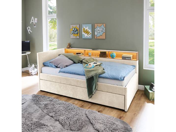 Beleuchtetes Polsterbett Uno - Schublade 90 x 200cm Beige/Eiche Dekor