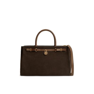 Handtasche TOMMY HILFIGER "AMERICAN ICON TOTE SUEDE", Damen, Gr. B/H/T: 39cm x 24cm x 17cm, braun (dunkelbraun), Nappaleder, Veloursleder, Taschen Handtasche, Damen Umhängetasche, Schultertasche mit TH-Schmuckschloss