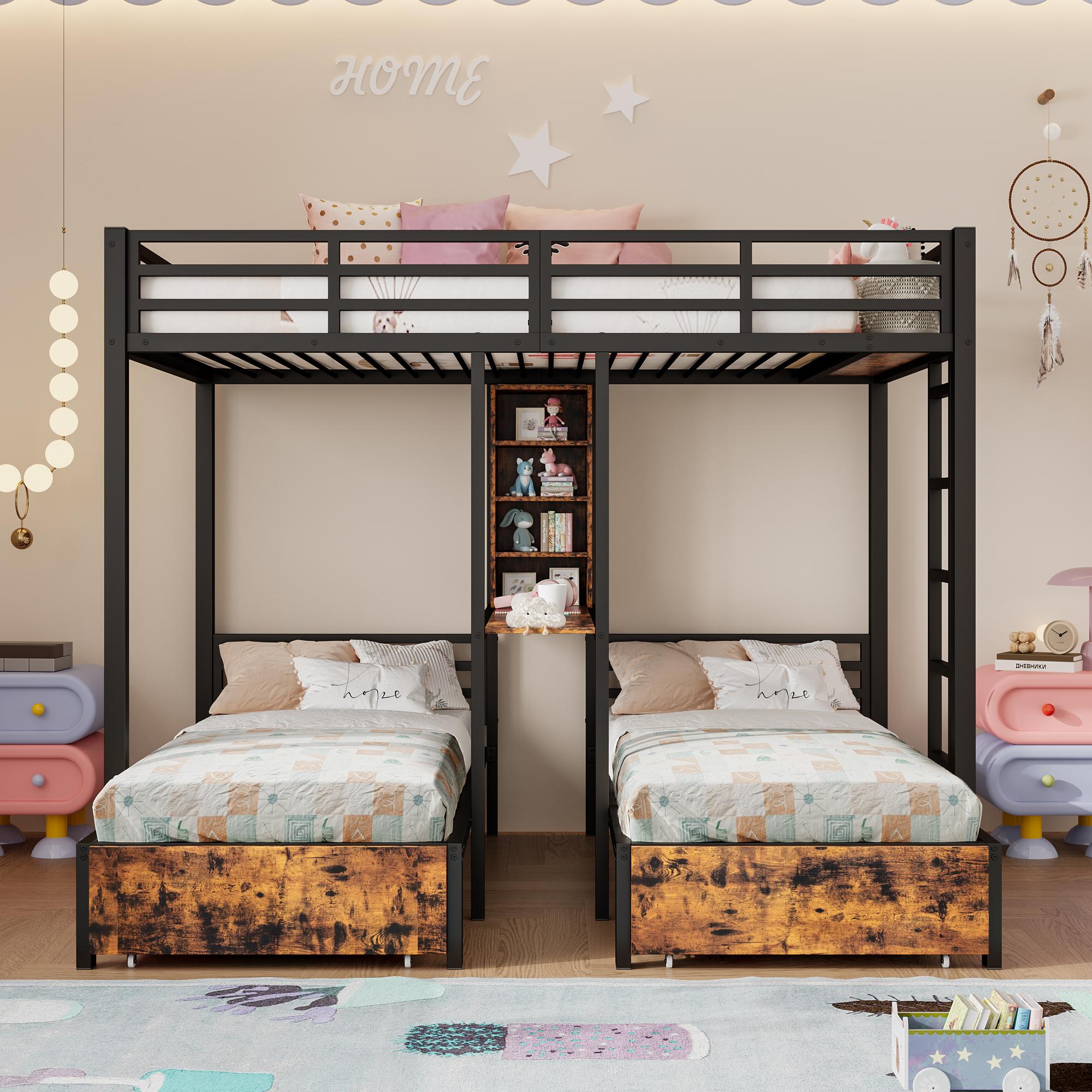 Flieks Etagenbett 140x200cm / 90x200cm mit 2 Schubladen, Hochbett Jugendbett mit Regal, Kinderbett Hochbett Metallbett mit Lattenrost, Schwarz